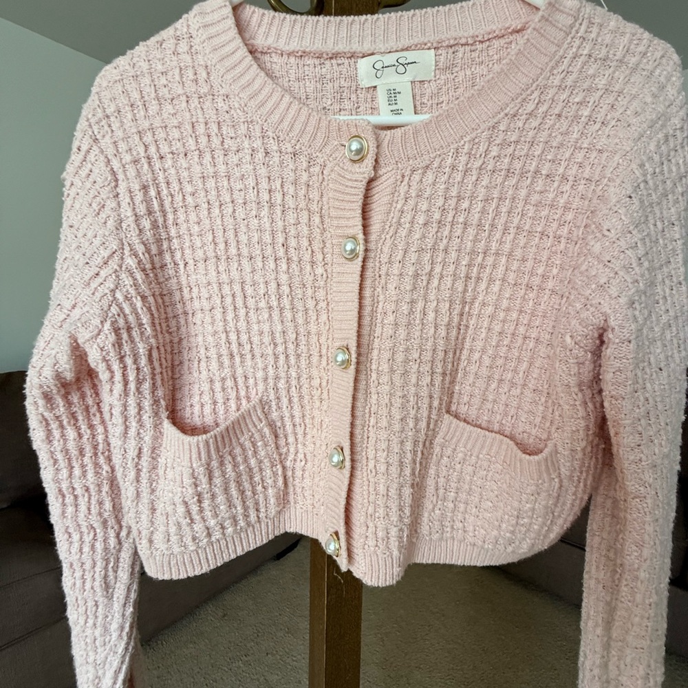 Pink Cropped Sweater with Pearl Buttons